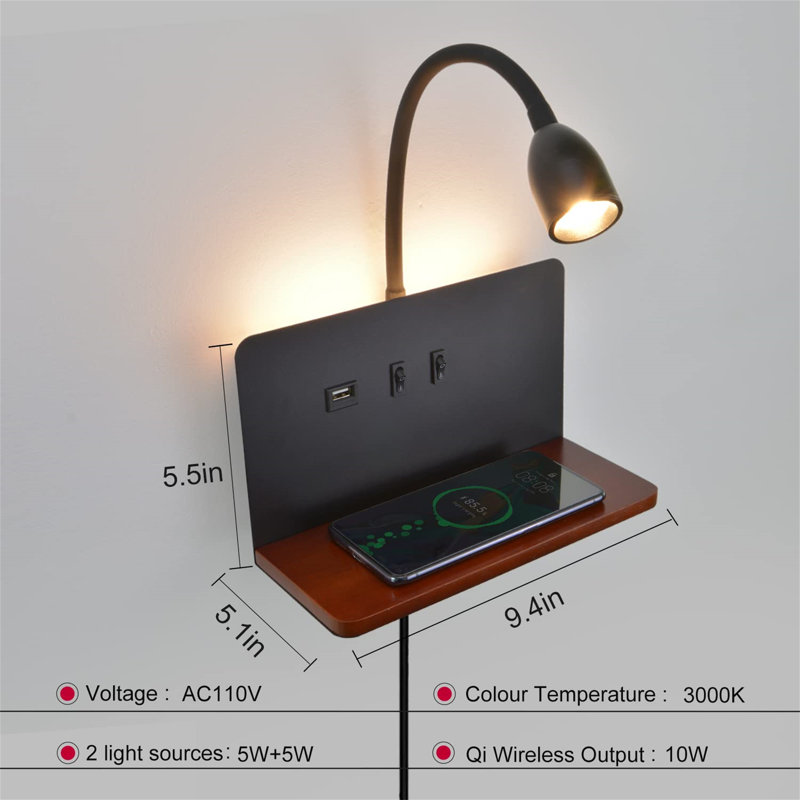 Latitude Run® PlugIn Wall Light With USB Charging Port, Bedroom Wall